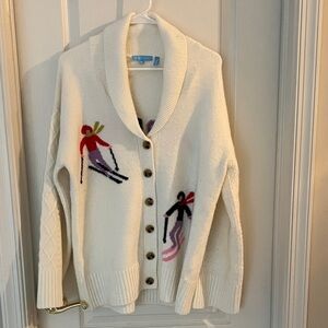 Draper James Cream Shawl-Collar Cardigan with Ski Motifs